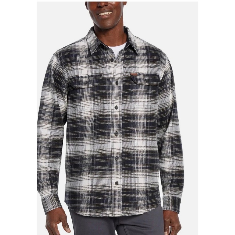 Orvis Mens Flannel Shirt Large Black White Plaid Long Sleeve Button Down Cotton